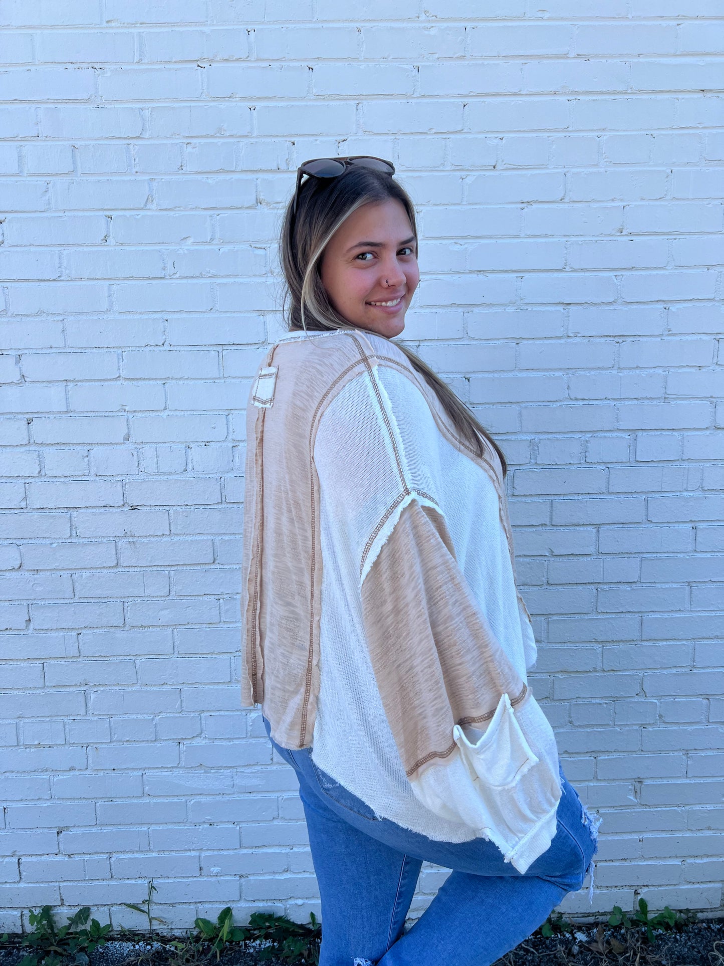 Beige/Off White Color Block Top