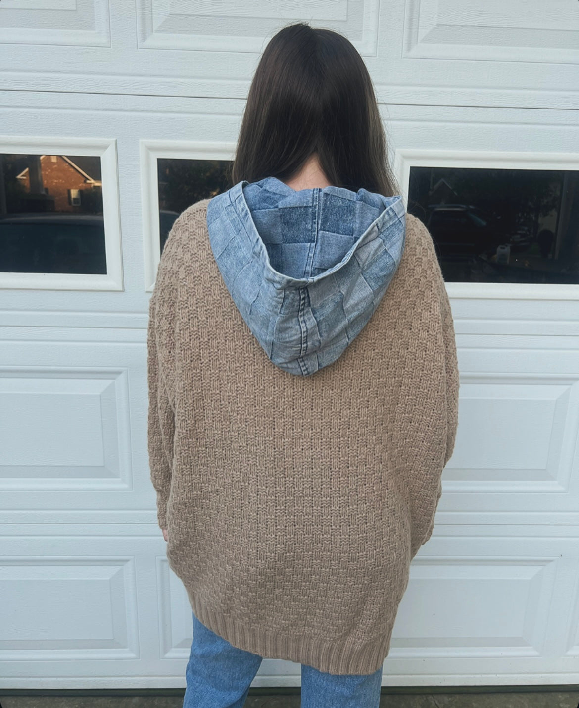 Checkered Denim Zip Up Sweater